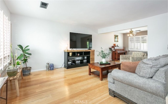 1337 Oakheath Dr, Harbor City, CA 90710 - living area featuring ceiling fan, baseboards, wood finished floors, and visible vents
