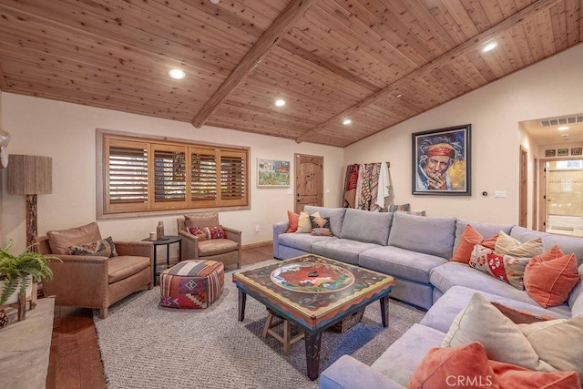 living room featuring lofted ceiling with beams, recessed lighting, visible vents, and wood finished floors