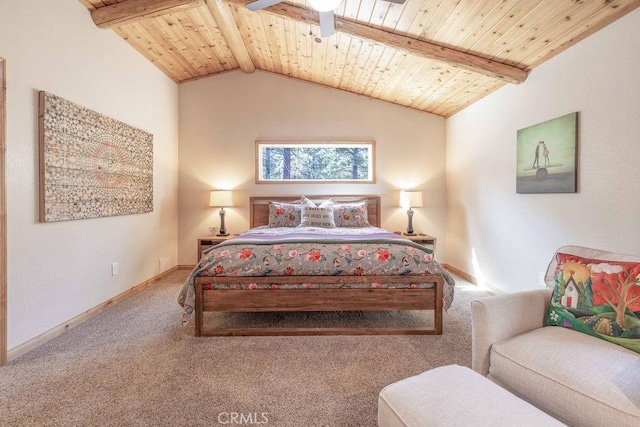 carpeted bedroom with baseboards, vaulted ceiling with beams, and wood ceiling