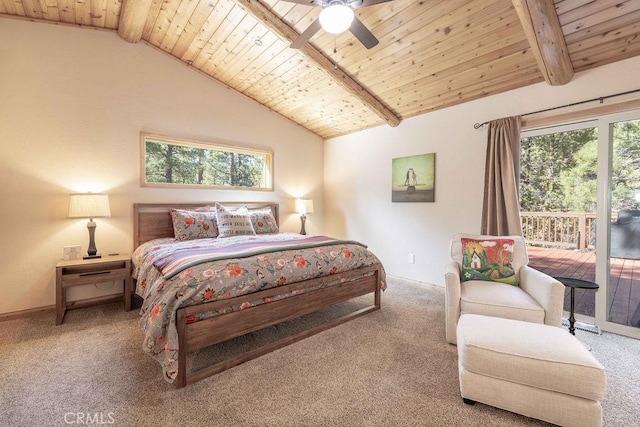 bedroom with carpet flooring, wooden ceiling, ceiling fan, access to outside, and vaulted ceiling with beams