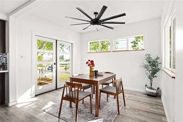5222 Foster Rd, Paradise, CA 95969 - dining area featuring baseboards, ceiling fan, and light wood finished floors