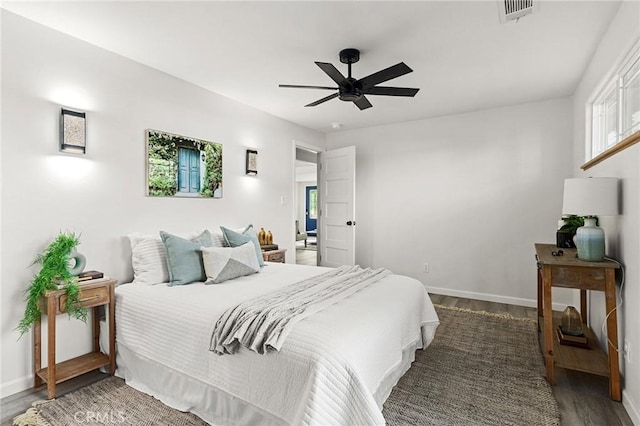5222 Foster Rd, Paradise, CA 95969 - bedroom with baseboards, ceiling fan, wood finished floors, and visible vents