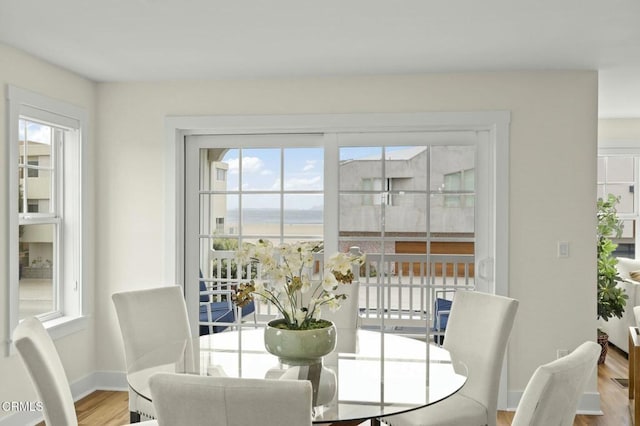 dining space with a water view, baseboards, wood finished floors, and a healthy amount of sunlight