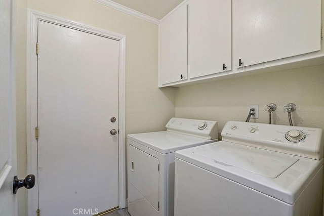 2161 Stonefield Pl, Riverside, CA 92506 - laundry room featuring cabinet space, ornamental molding, and washer and clothes dryer