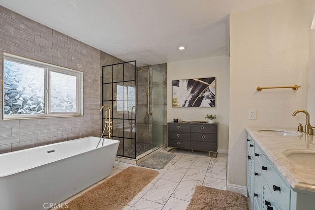 2161 Stonefield Pl, Riverside, CA 92506 - full bath with double vanity, a stall shower, a sink, marble finish floor, and a soaking tub