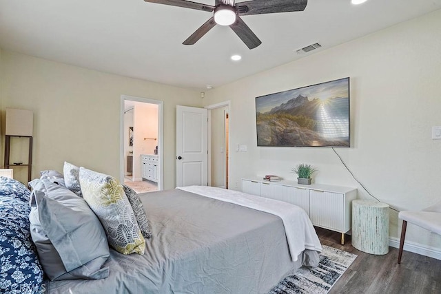 2161 Stonefield Pl, Riverside, CA 92506 - bedroom featuring visible vents, wood finished floors, baseboards, recessed lighting, and a ceiling fan