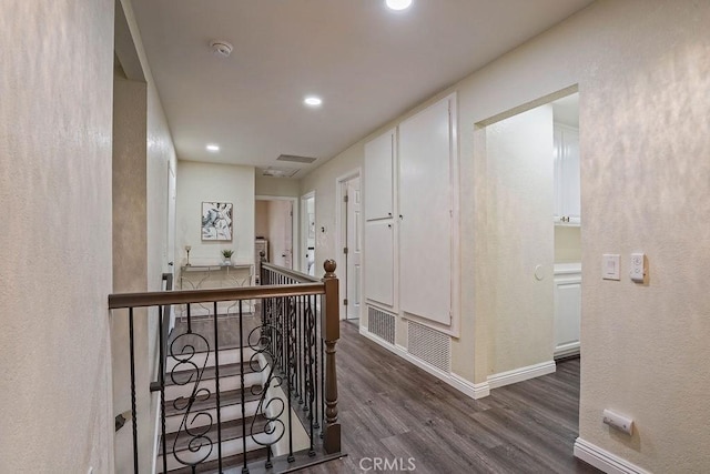 2161 Stonefield Pl, Riverside, CA 92506 - hallway with a textured wall, recessed lighting, baseboards, an upstairs landing, and dark wood-type flooring