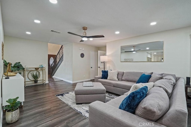 2161 Stonefield Pl, Riverside, CA 92506 - living room featuring visible vents, a ceiling fan, dark wood-style floors, and recessed lighting