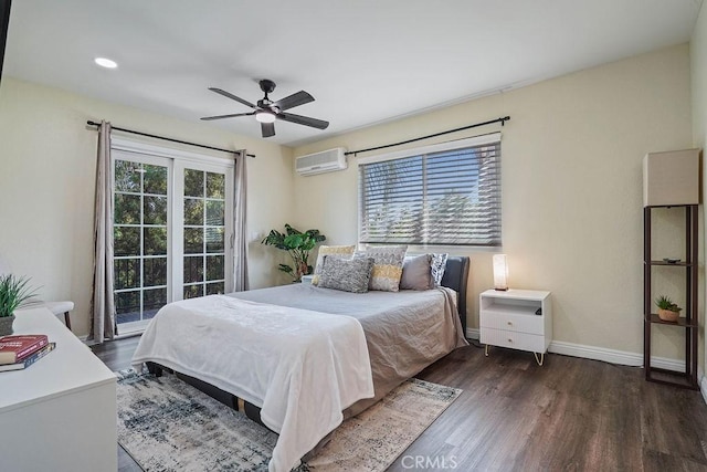 2161 Stonefield Pl, Riverside, CA 92506 - bedroom featuring a ceiling fan, baseboards, a wall unit AC, and wood finished floors