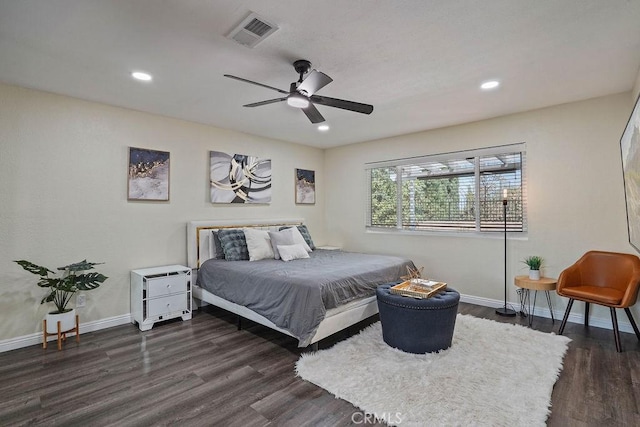 2161 Stonefield Pl, Riverside, CA 92506 - bedroom with visible vents, dark wood-style flooring, baseboards, ceiling fan, and recessed lighting