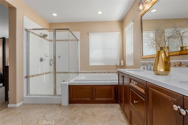 54 Revell Cir, Buena Park, CA 90620 - full bathroom with a stall shower, a bath, double vanity, and recessed lighting