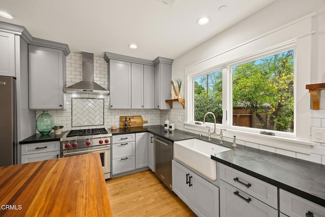 kitchen featuring wall chimney range hood, wooden counters, appliances with stainless steel finishes, gray cabinetry, and a sink