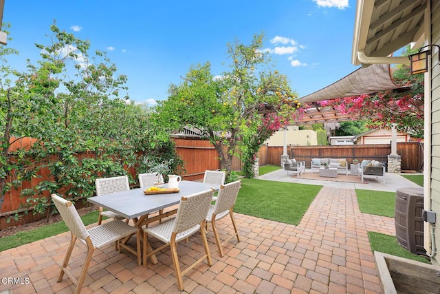 view of patio / terrace with central AC, an outdoor living space, a fenced backyard, and outdoor dining space