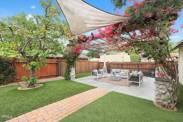 view of yard with a fenced backyard, a patio area, a pergola, and an outdoor hangout area