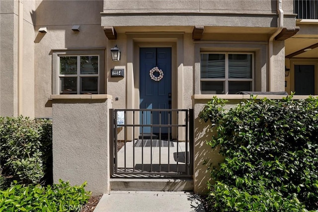 doorway to property featuring stucco siding