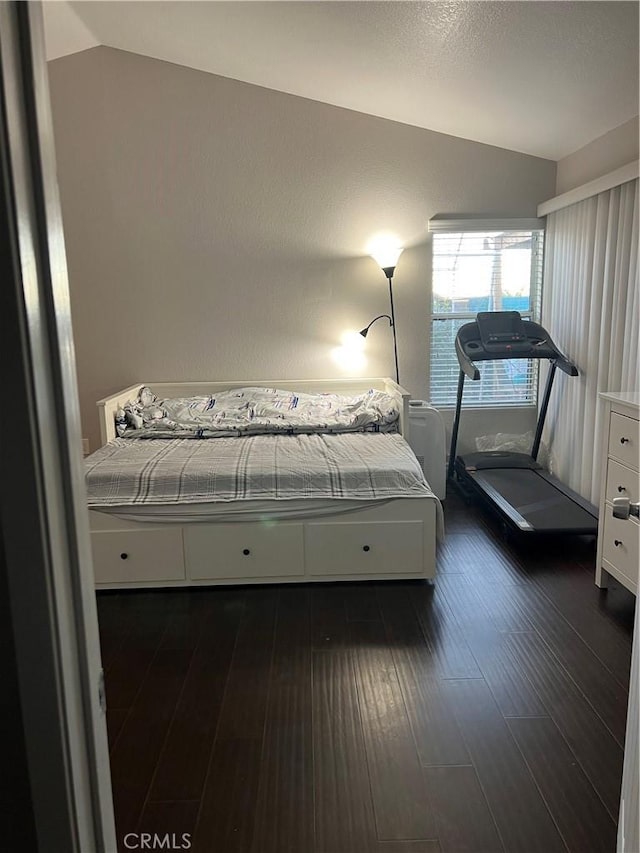 bedroom featuring vaulted ceiling and dark wood finished floors