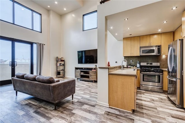 kitchen with open floor plan, a towering ceiling, stainless steel appliances, and light wood-type flooring