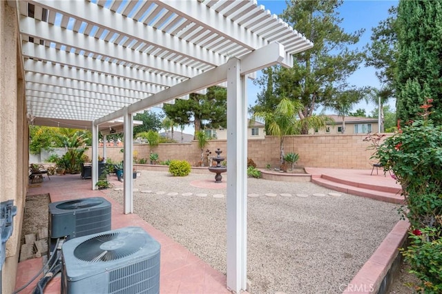 view of patio / terrace featuring a fenced backyard, central AC unit, and a pergola