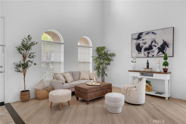 living area with baseboards, a towering ceiling, and wood finished floors