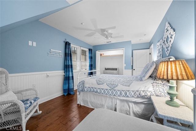 24848 Matterhorn Ct, Crestline, CA 92325 - bedroom with hardwood / wood-style floors, wainscoting, a ceiling fan, and baseboards