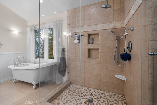 24848 Matterhorn Ct, Crestline, CA 92325 - full bathroom with a tile shower, a freestanding tub, and wainscoting