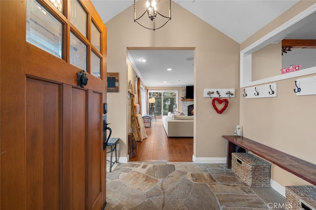 24848 Matterhorn Ct, Crestline, CA 92325 - foyer with recessed lighting, an inviting chandelier, high vaulted ceiling, baseboards, and wood finished floors