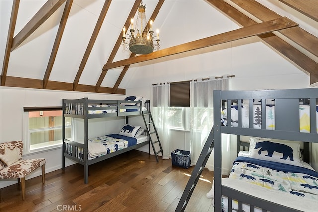 28898 Palisades Dr, Lake Arrowhead, CA 92352 - bedroom featuring beam ceiling, high vaulted ceiling, wood-type flooring, and a chandelier