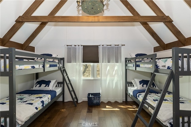 28898 Palisades Dr, Lake Arrowhead, CA 92352 - bedroom featuring beamed ceiling, wood-type flooring, and high vaulted ceiling