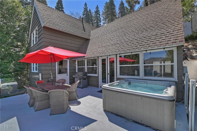 28898 Palisades Dr, Lake Arrowhead, CA 92352 - view of patio / terrace with a hot tub, a grill, and outdoor dining area