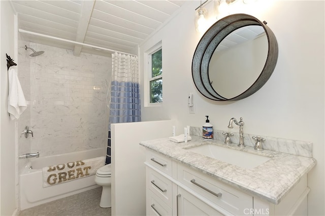 28898 Palisades Dr, Lake Arrowhead, CA 92352 - full bathroom with vanity, shower / tub combo, and a wooden ceiling with exposed beams