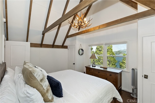 28898 Palisades Dr, Lake Arrowhead, CA 92352 - bedroom featuring a chandelier and dark wood finished floors
