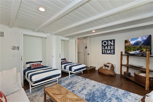 28898 Palisades Dr, Lake Arrowhead, CA 92352 - bedroom featuring beam ceiling, wood finished floors, and recessed lighting