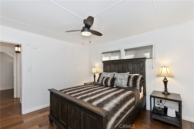 28898 Palisades Dr, Lake Arrowhead, CA 92352 - bedroom with dark wood-type flooring and a ceiling fan