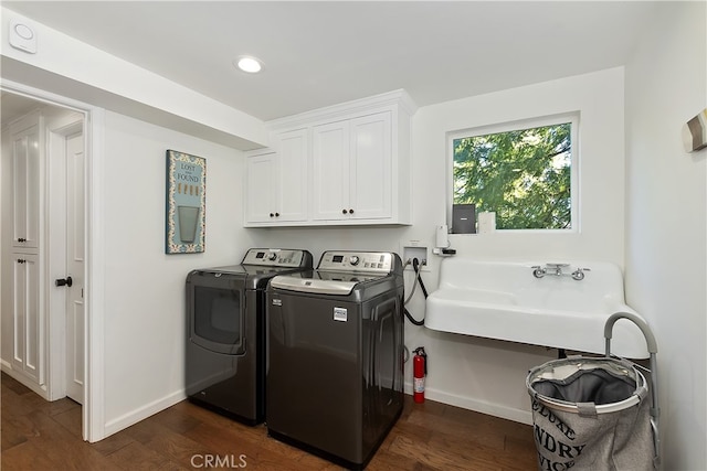 28898 Palisades Dr, Lake Arrowhead, CA 92352 - laundry area featuring cabinet space, washer and clothes dryer, dark wood-style floors, and recessed lighting
