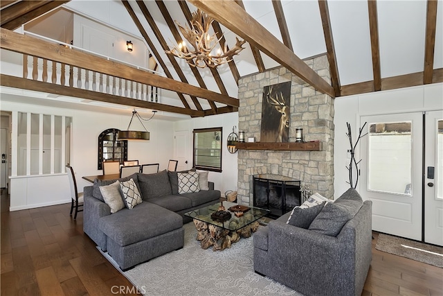 28898 Palisades Dr, Lake Arrowhead, CA 92352 - living room featuring high vaulted ceiling, a chandelier, wood-type flooring, beamed ceiling, and a fireplace
