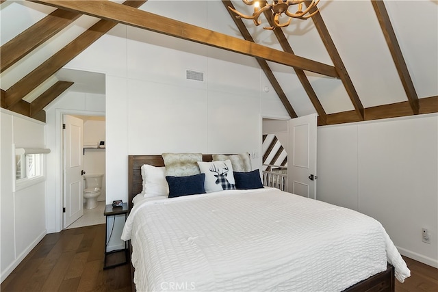 28898 Palisades Dr, Lake Arrowhead, CA 92352 - bedroom with a chandelier, beamed ceiling, dark wood finished floors, high vaulted ceiling, and ensuite bath