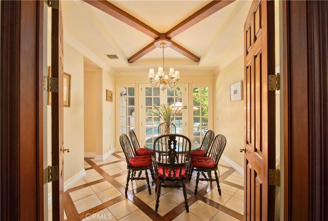 3155 Stone Oak Dr, Los Angeles, CA 90049 - dining space with baseboards, visible vents, a notable chandelier, and crown molding