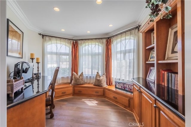 home office with recessed lighting, ornamental molding, and dark wood-type flooring