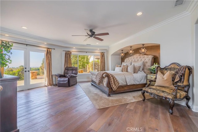 bedroom featuring crown molding, access to exterior, visible vents, hardwood / wood-style floors, and french doors