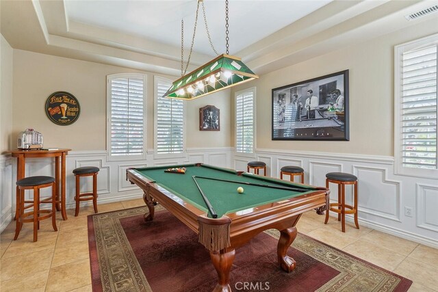 28 Malibu, Irvine, CA 92602 - rec room with a decorative wall, light tile patterned floors, billiards table, a wainscoted wall, and a tray ceiling