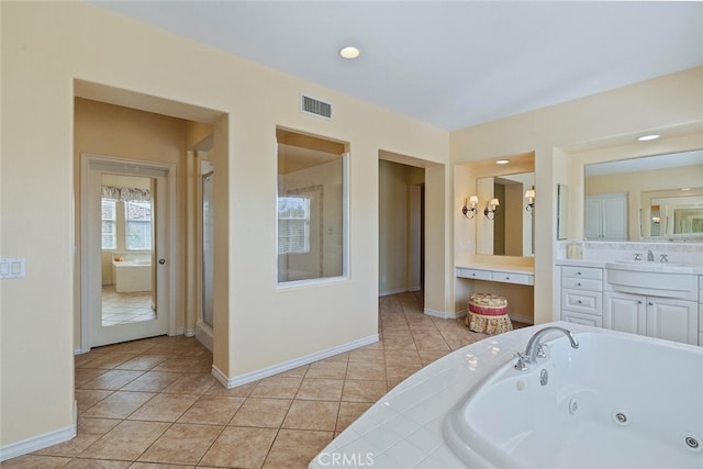28 Malibu, Irvine, CA 92602 - full bath featuring a whirlpool tub, tile patterned floors, vanity, a shower stall, and recessed lighting