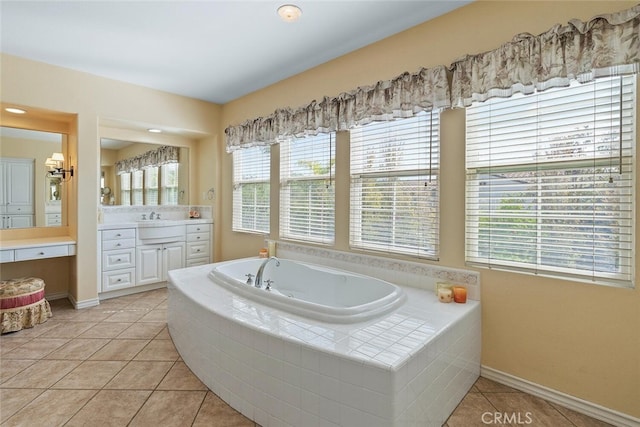 28 Malibu, Irvine, CA 92602 - full bath featuring vanity, a whirlpool tub, healthy amount of natural light, and tile patterned floors