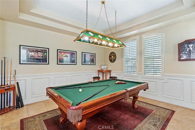 28 Malibu, Irvine, CA 92602 - playroom with light tile patterned floors, a tray ceiling, pool table, a decorative wall, and a wainscoted wall