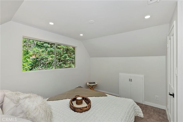 377 Hillside Rd, Lake Arrowhead, CA 92352 - carpeted bedroom featuring vaulted ceiling and recessed lighting