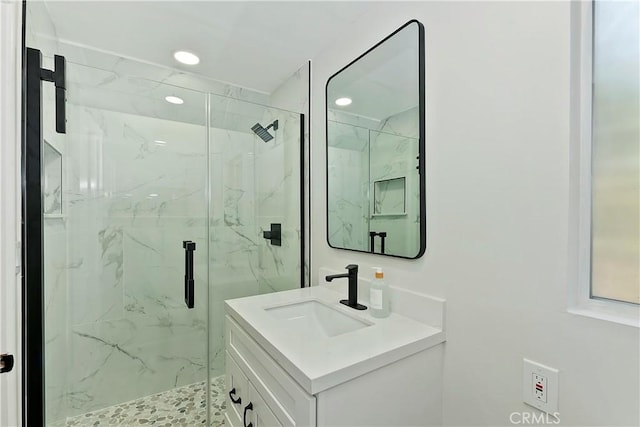 377 Hillside Rd, Lake Arrowhead, CA 92352 - bathroom featuring vanity, a marble finish shower, and recessed lighting