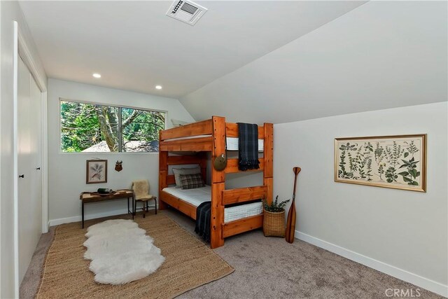377 Hillside Rd, Lake Arrowhead, CA 92352 - bedroom with light carpet, lofted ceiling, and recessed lighting