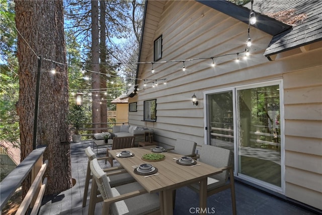 377 Hillside Rd, Lake Arrowhead, CA 92352 - view of patio with a deck, outdoor dining area, an outdoor hangout area, and area for grilling