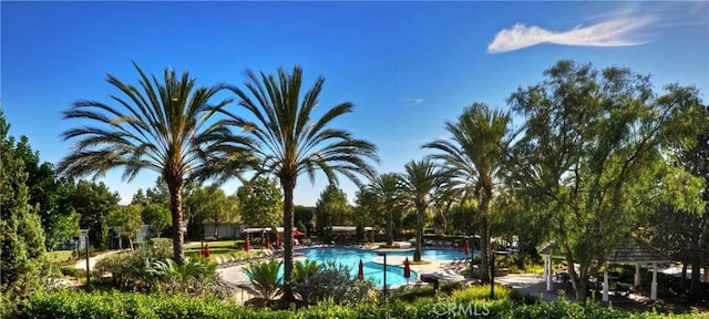 community pool with a gazebo