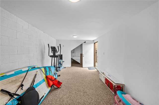 30156 Yellow Feather Dr, Canyon Lake, CA 92587 - exercise room featuring concrete block wall and carpet floors