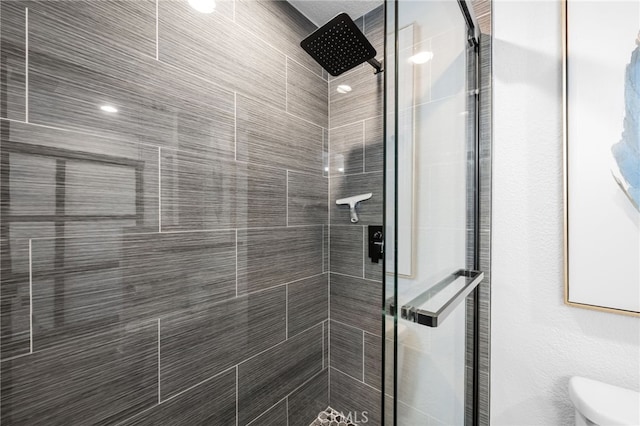 full bathroom featuring a shower stall and toilet